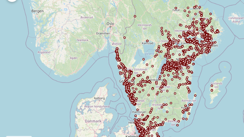 Kartbild från Uppsala universitets geoserver AGES med alla arkeologiska uppdrag som nu går att hitta tack vare projektet Urdar.