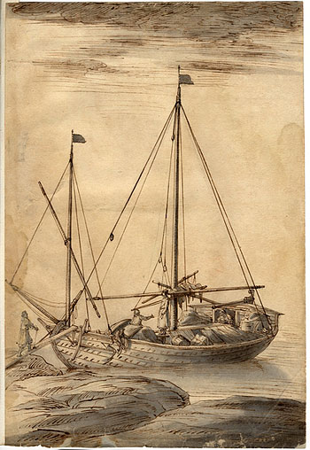 Illustration av Lorenz Magalotti från 1674 som beskriver ett skärgårdsfartyg med sydd bordläggning