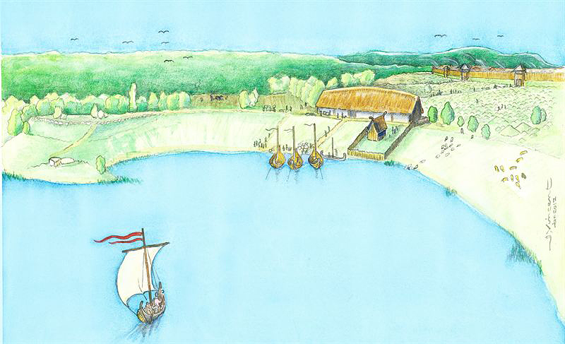 Illustration av hur den vikingatida stormannagården kan ha sett ut. Illustratör: Jacques Vincent