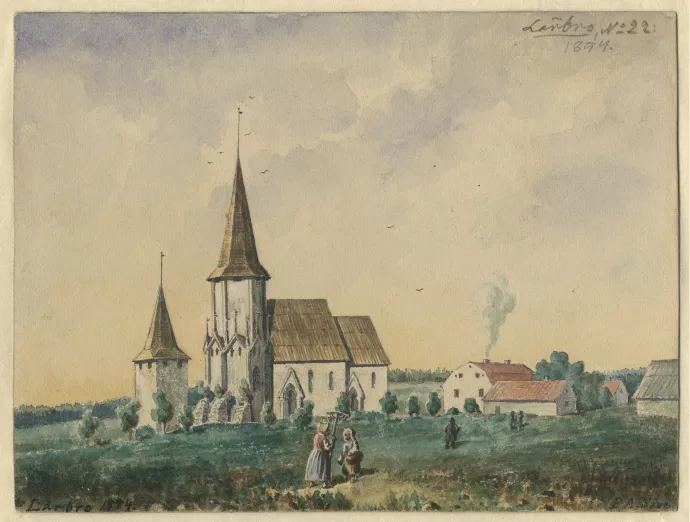 Lärbro kyrka. Akvarell målad av Pehr Arvid Säve 1854.