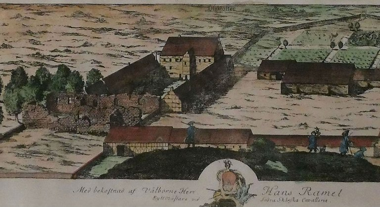 Utsnitt ur Gerhard von Burmans teckning av tecknade av Övedskloster 1680. Rester av klosteranläggningen syns till vänster.
