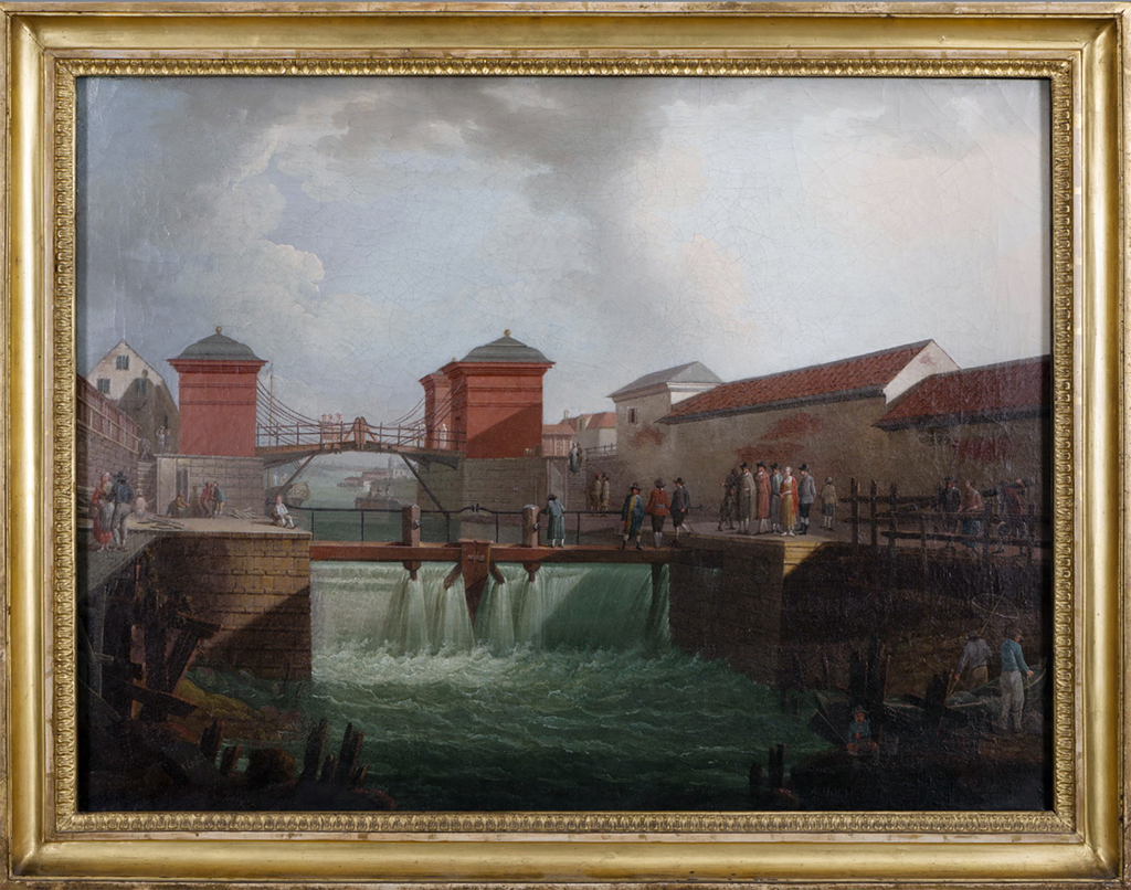 Christopher  Polhems  ”Röda  Sluss”. Målning  av  Anders  Holm  1780. Stockholms stadsmuseum
