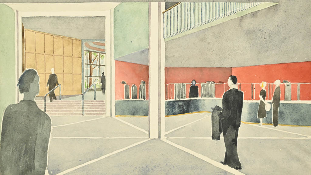 Alfred Weissenbergs bidrag i en arkitekttävling om en ny musikhögskolebyggnad i Stockholm. Akvarell (beskuren), 1948