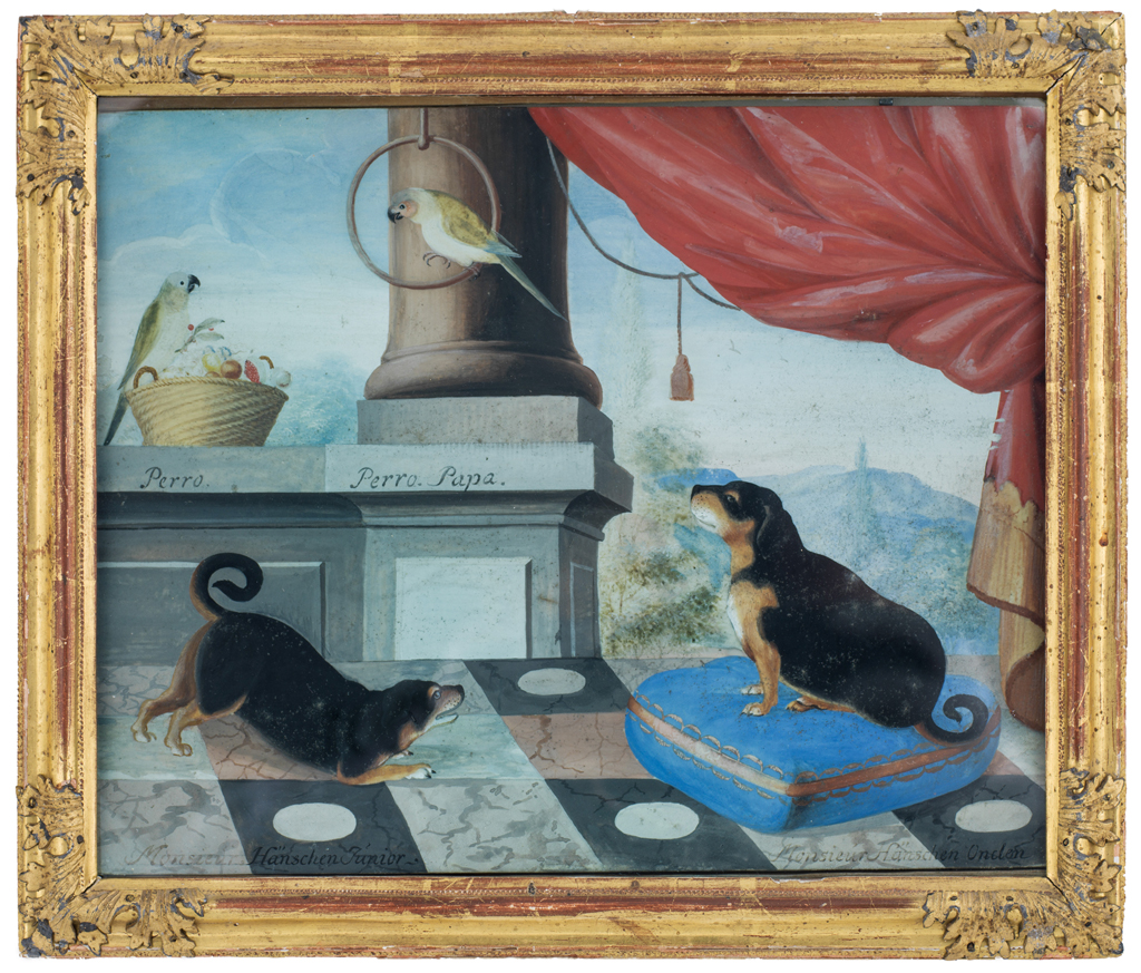 Philip Thelott d.y, Två hundar och två papegojor på en altan, 1724. Gouache på papper. Foto: Linn Ahlgren/Nationalmuseum