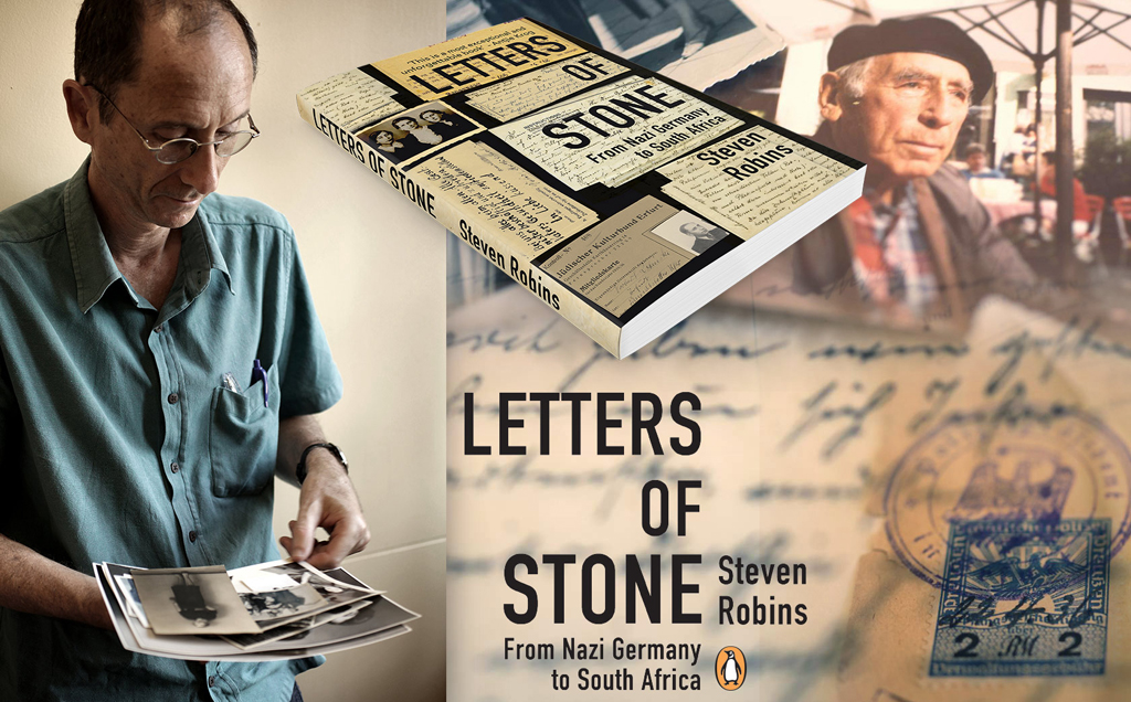 Bildmontage föreställande Steven Robins och boken Letters of Stone. Foto: Stephen Symons